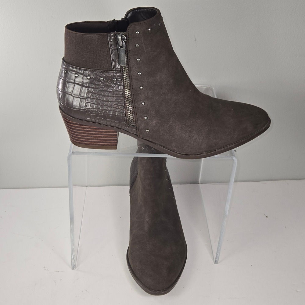Market & Spruce Brown Suede Croc Studded Ankle Booties Womens Size 9 Zip Up